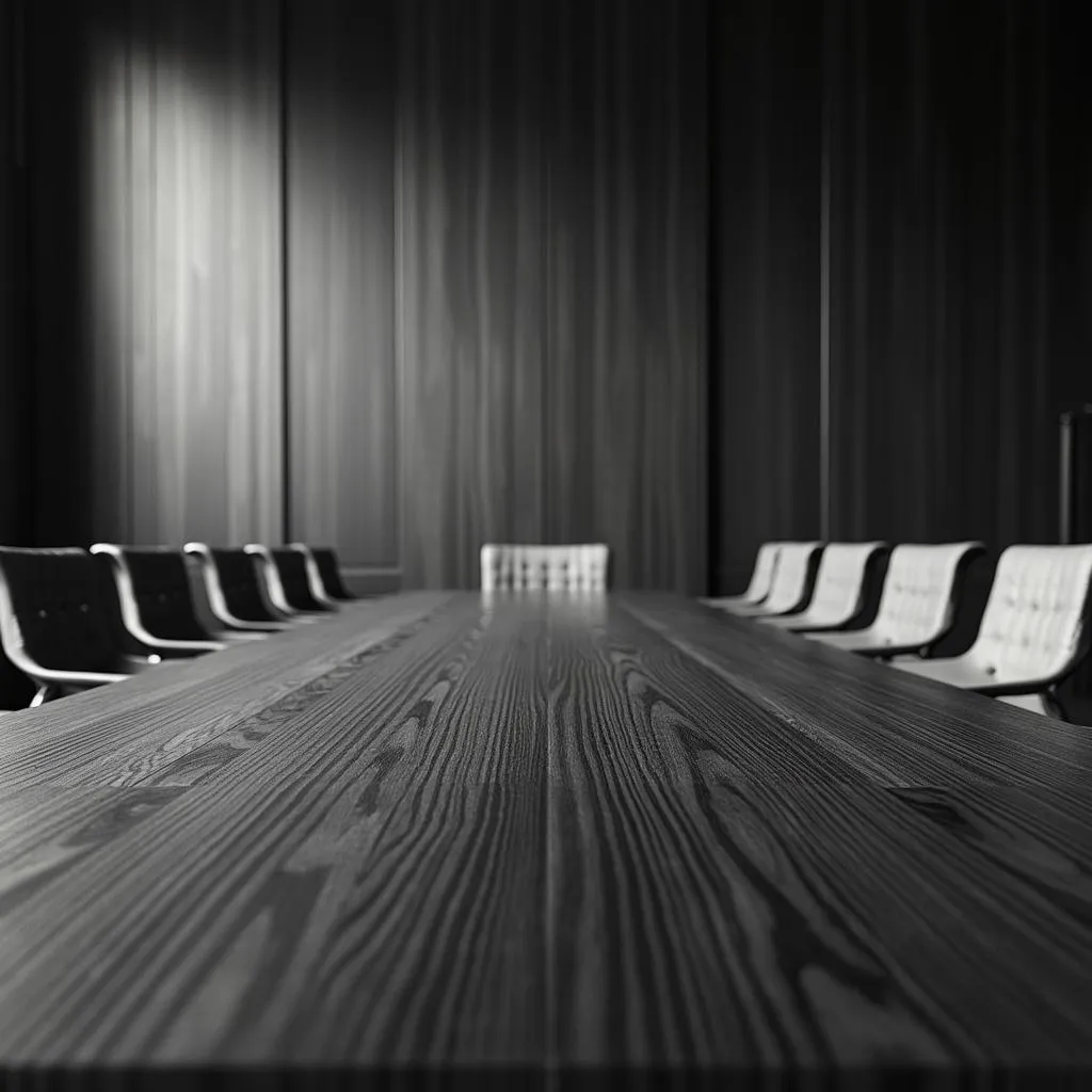 Sala de juntas monocromática con mesa de madera oscura texturizada y sillas modernas.