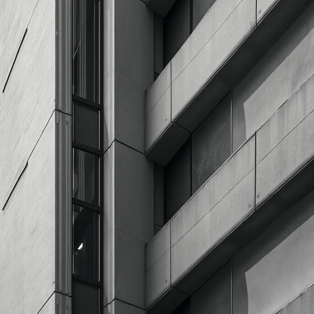 Detalle arquitectónico de oficina moderna en monocromo, hormigón texturizado y metal.