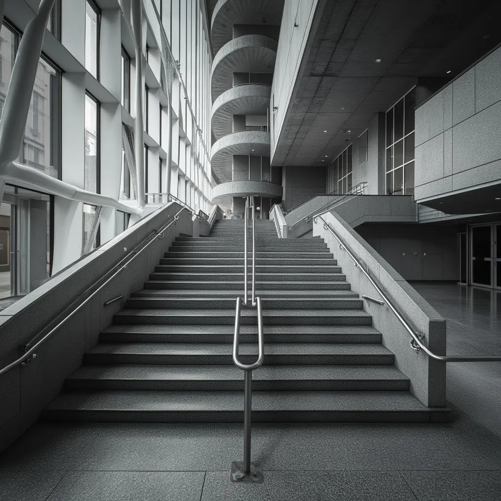 Escalera arquitectónica moderna en un edificio corporativo, monocromo.